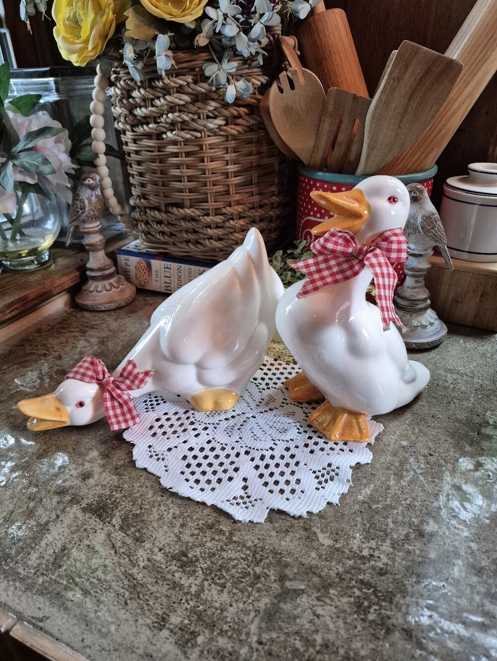 Vintage Ceramic Pair White Geese/Ducks with Gingham Bows Cottagecore Figures Set